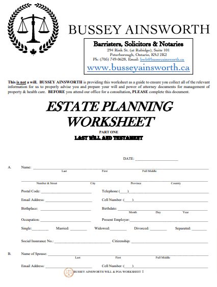 Ontario Estate Planning Worksheet
